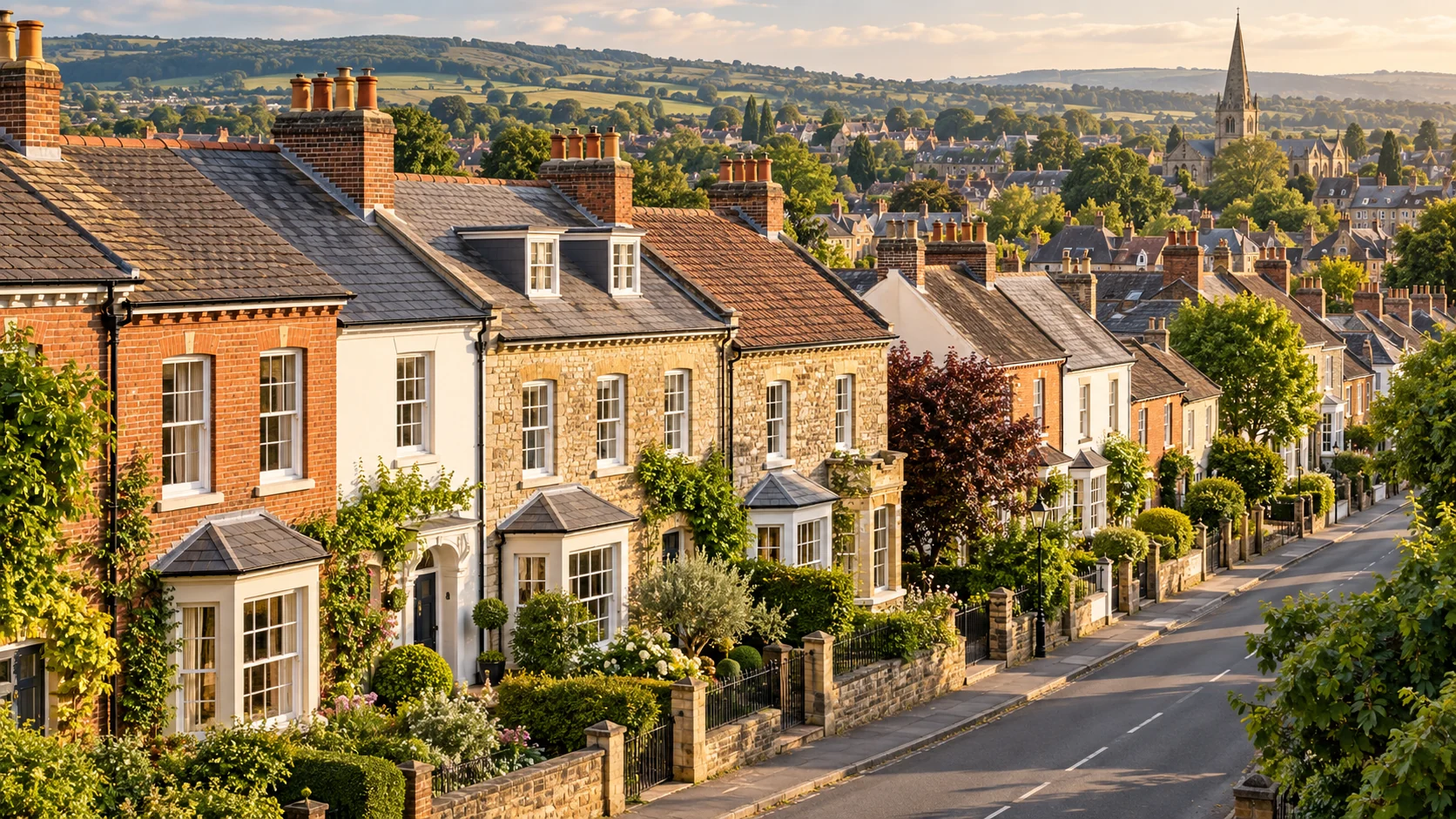 A connected row of homes in an English market town
